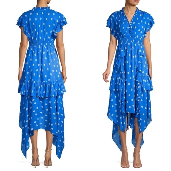 SHOSHANNA‎ Cobalt Floral Embroidered Asymmetric Hem Ruffle Tier Maxi Dress 14 - Picture 8 of 14